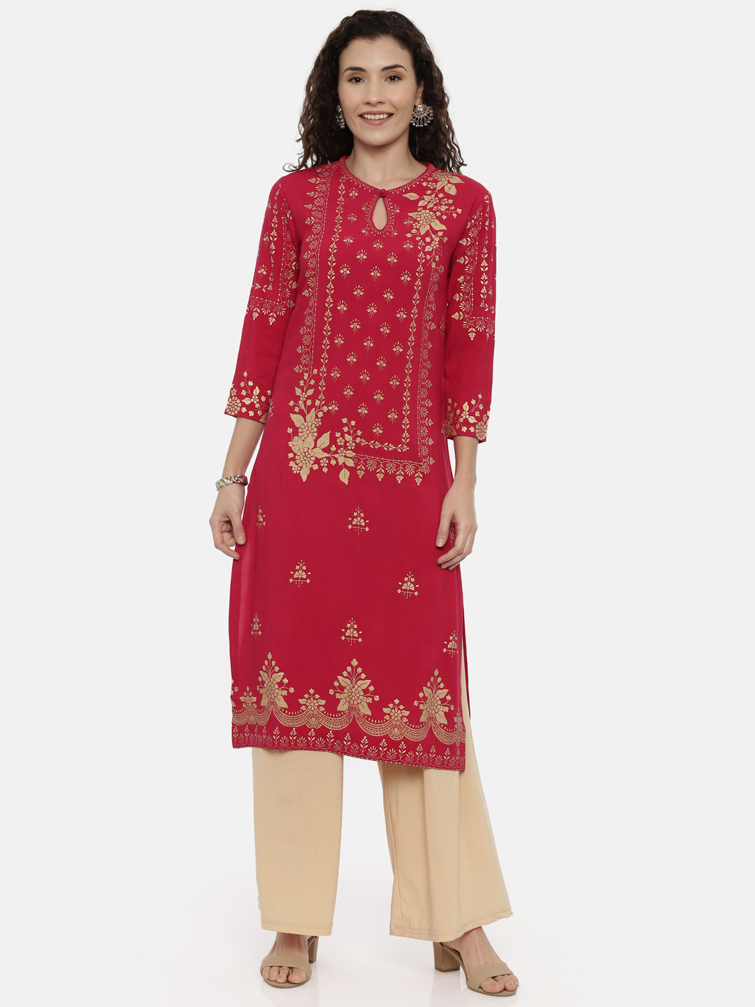 Neerus Women Red Ethnic Motifs Printed Keyhole Neck Kurta