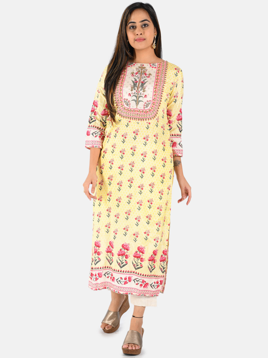 Neerus Women Yellow  Pink Floral Printed Straight Kurta