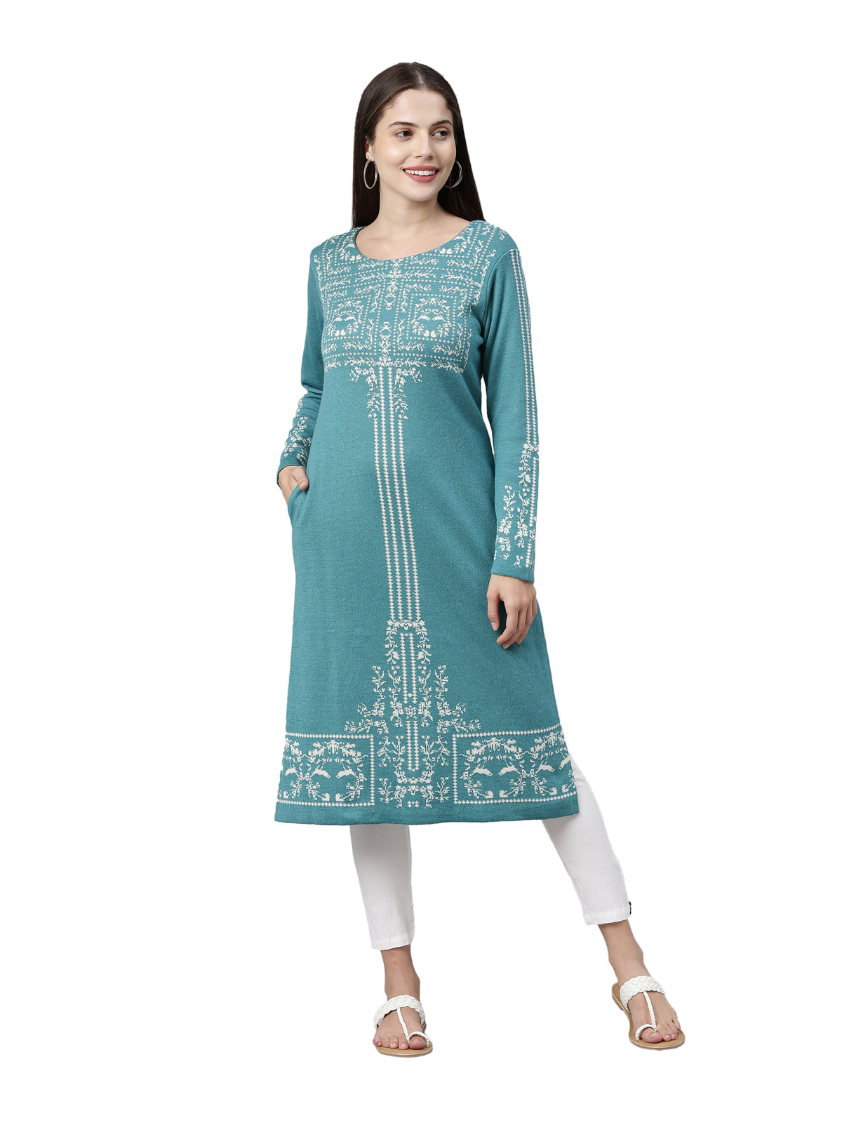 Neerus Women Turquoise Blue Ethnic Motifs Knitted Kurta