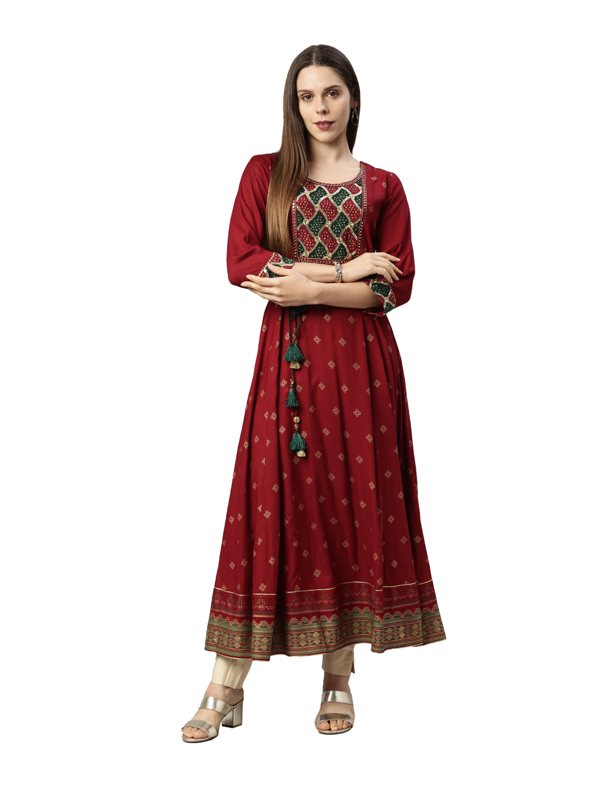 Neerus Women Maroon Ethnic Motifs Embroidered Flared Sleeves Anarkali Kurta