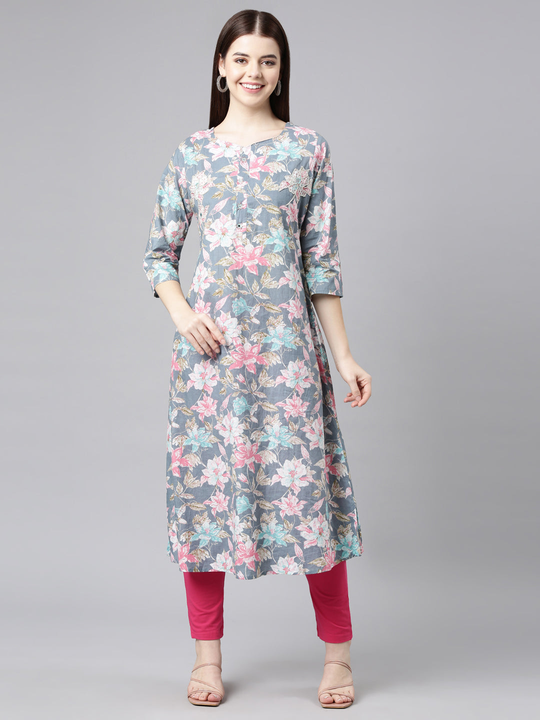 Neerus Grey Straight Casual Floral Straight Kurtas