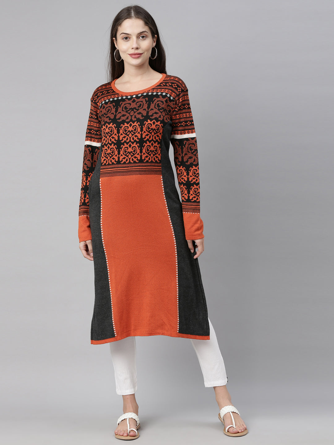 Neerus Women Black  Orange Ethnic Motifs Printed Acrylic Knitted Kurta