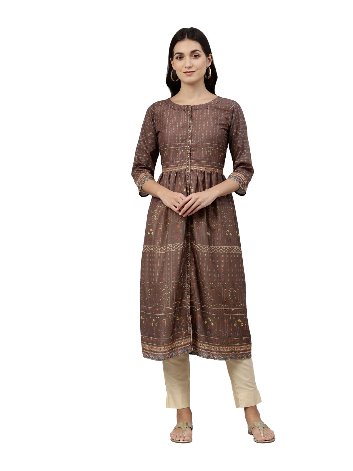 Neerus Women Brown Ethnic Motifs Printed Anarkali Kurta