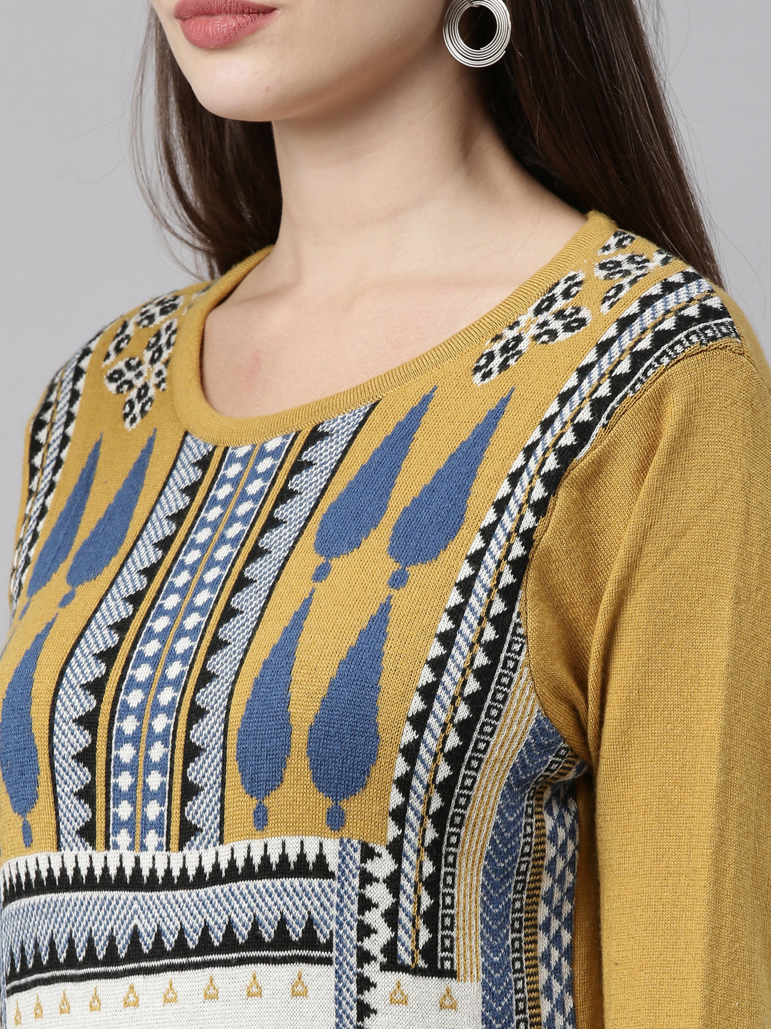 Neerus Women Mustard Yellow  Off White Geometric Printed Acrylic Knitted Kurta