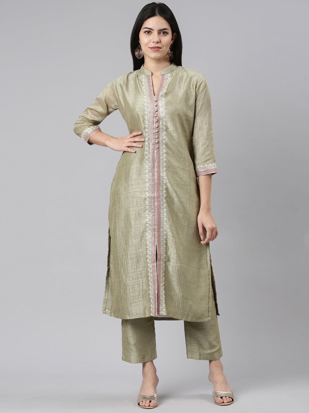 Neeru's Green Regular Straight Solid Kurta And Trousers