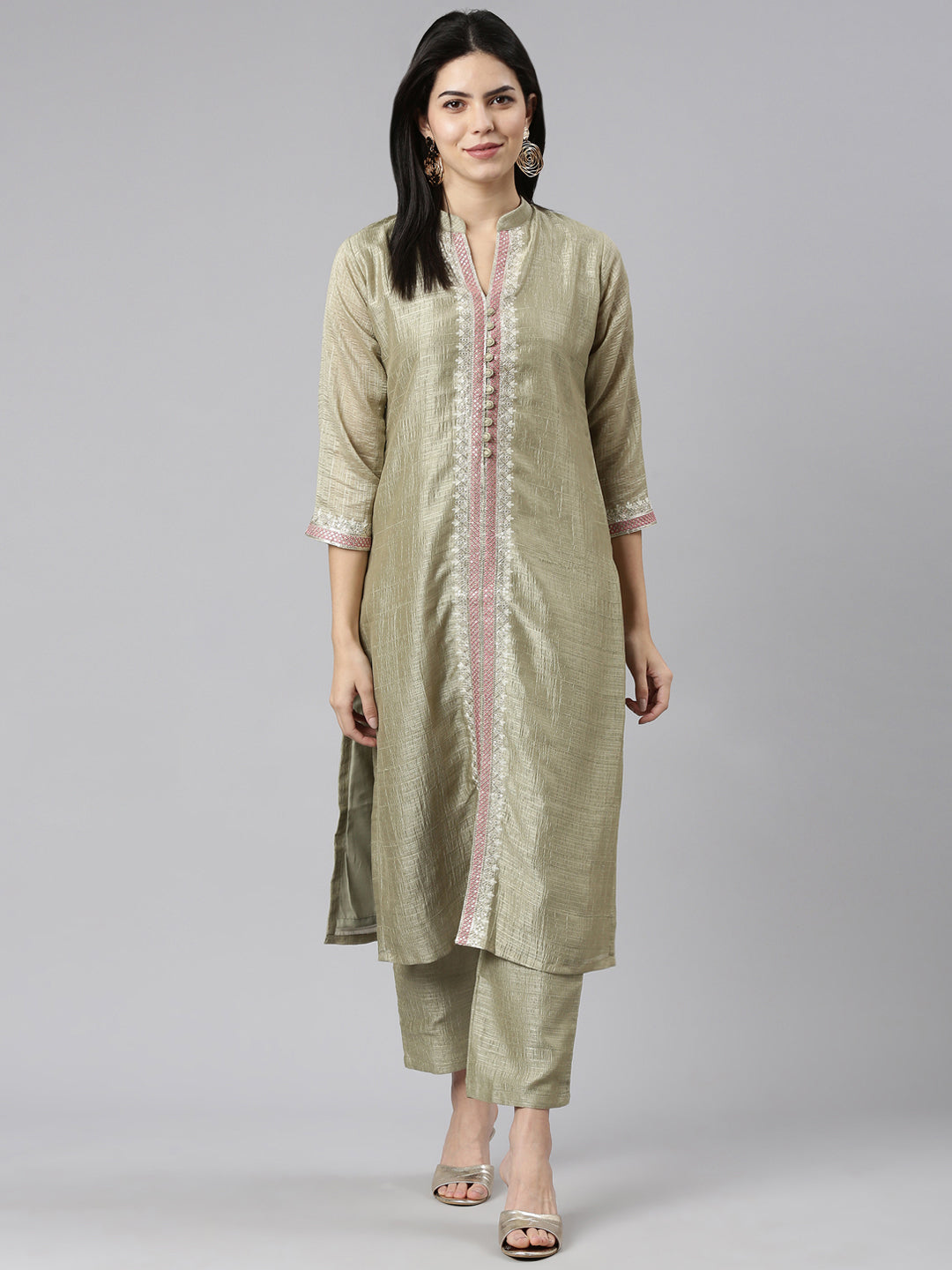 Neeru's Green Regular Straight Solid Kurta And Trousers