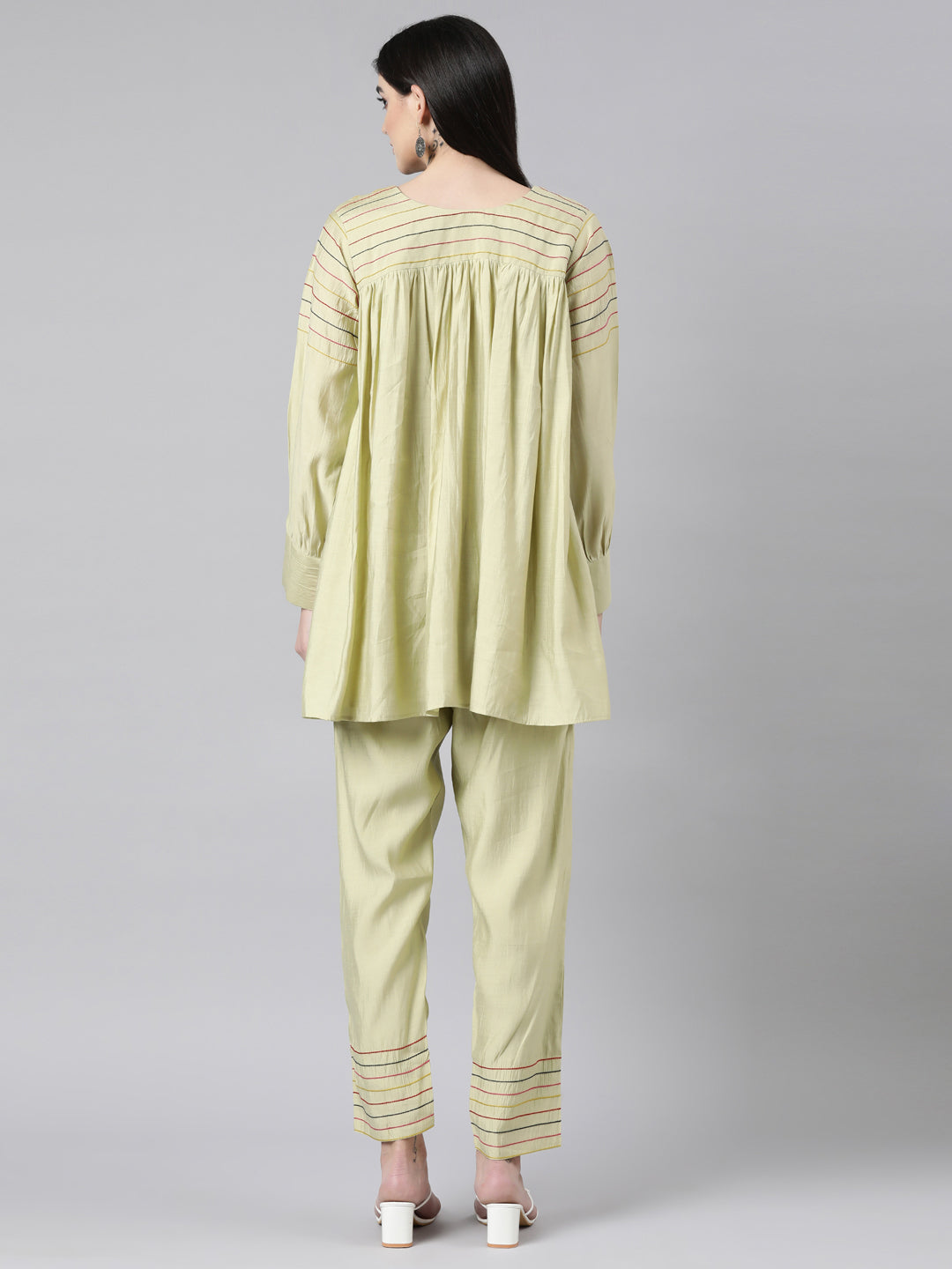 Neerus Green Pleated Straight Floral Top And Trousers