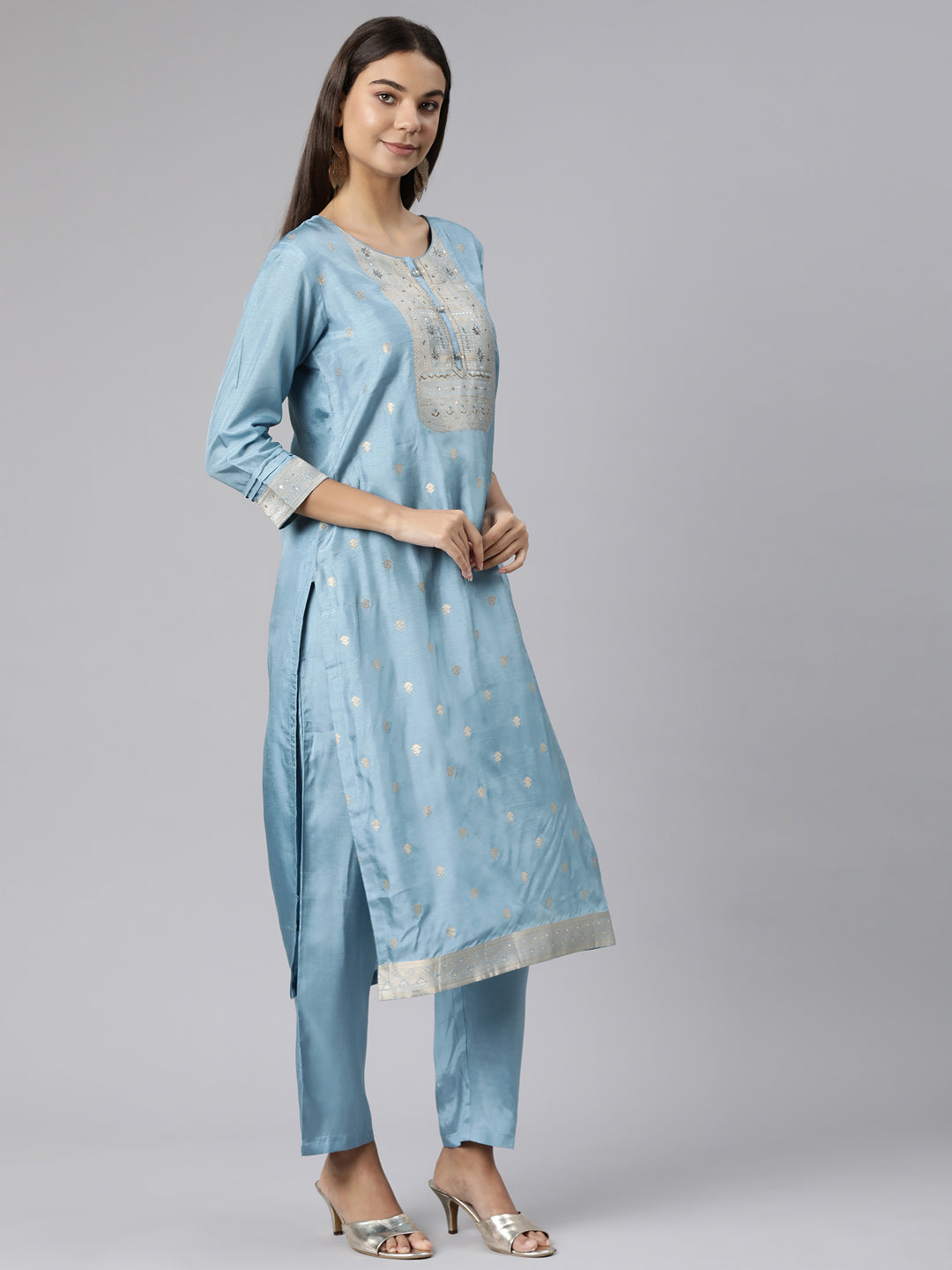 Neeru's Blue Regular Straight Floral Kurta And Trousers With Dupatta