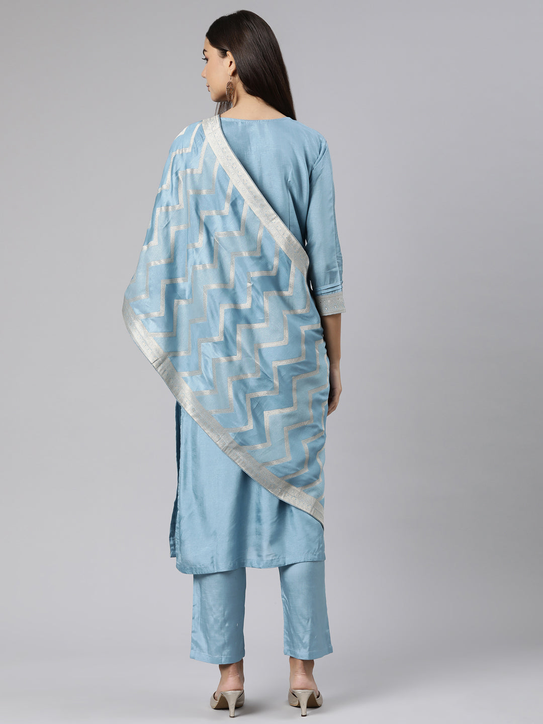 Neeru's Blue Regular Straight Floral Kurta And Trousers With Dupatta