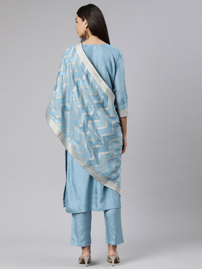 Neeru's Blue Regular Straight Floral Kurta And Trousers With Dupatta