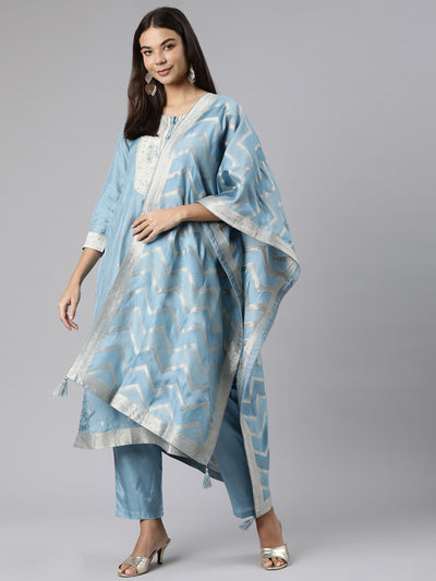 Neeru's Blue Regular Straight Floral Kurta And Trousers With Dupatta