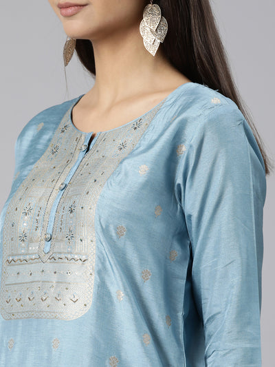 Neeru's Blue Regular Straight Floral Kurta And Trousers With Dupatta