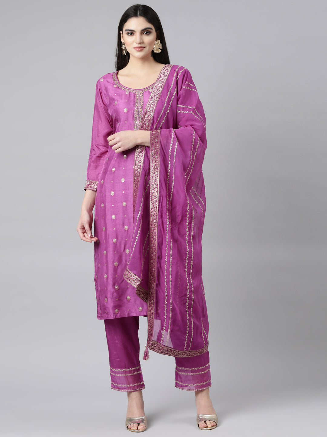 Neerus Purple Regular Straight Floral Kurta And Trousers With Dupatta