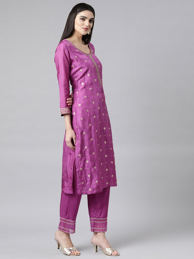 Neerus Purple Regular Straight Floral Kurta And Trousers With Dupatta