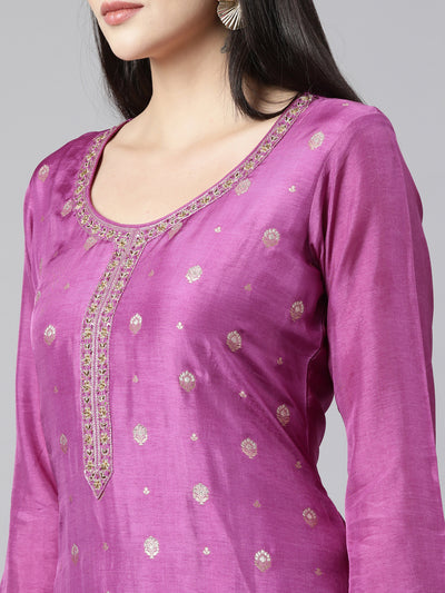 Neerus Purple Regular Straight Floral Kurta And Trousers With Dupatta