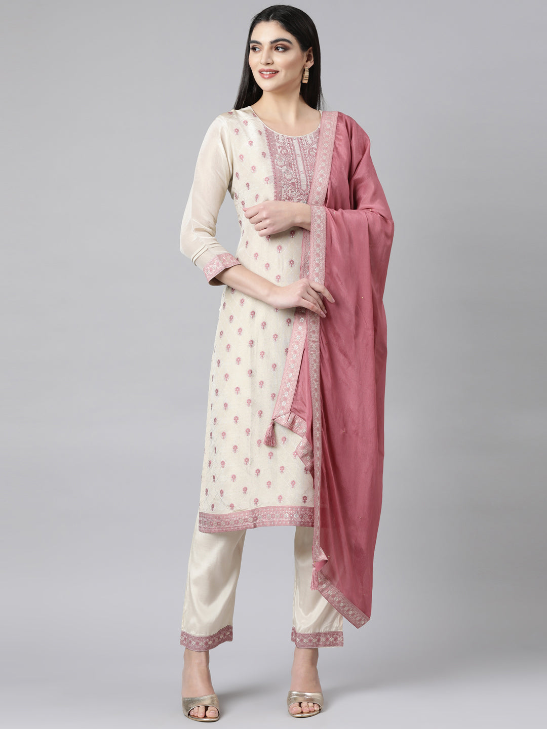 Neerus Cream Regular Straight Floral Kurta And Trousers With Dupatta