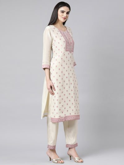 Neerus Cream Regular Straight Floral Kurta And Trousers With Dupatta