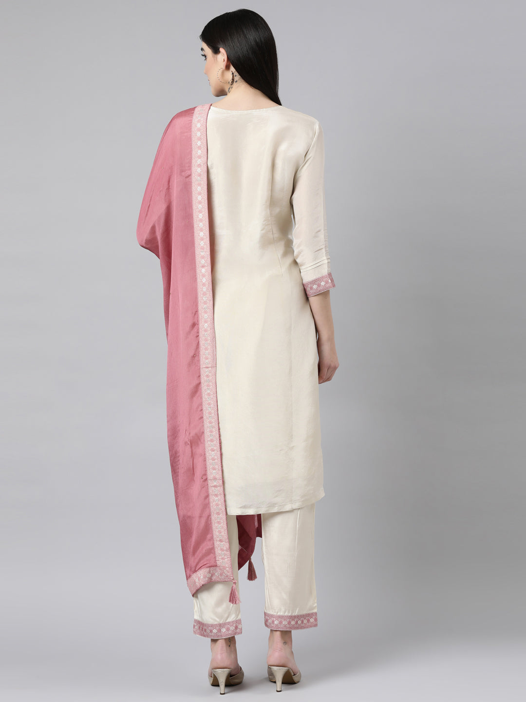 Neerus Cream Regular Straight Floral Kurta And Trousers With Dupatta