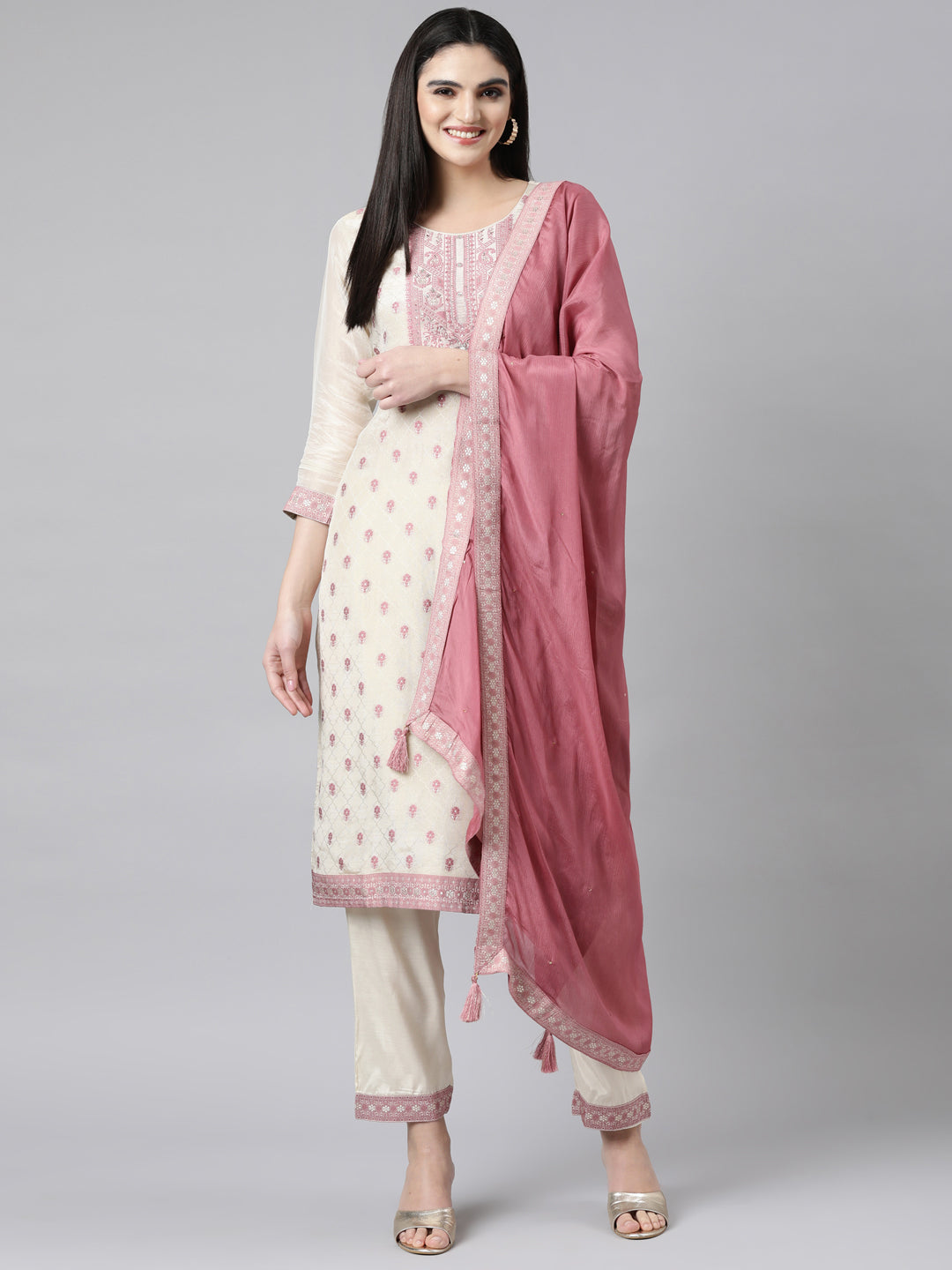 Neerus Cream Regular Straight Floral Kurta And Trousers With Dupatta