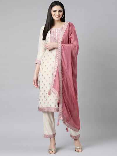 Neerus Cream Regular Straight Floral Kurta And Trousers With Dupatta