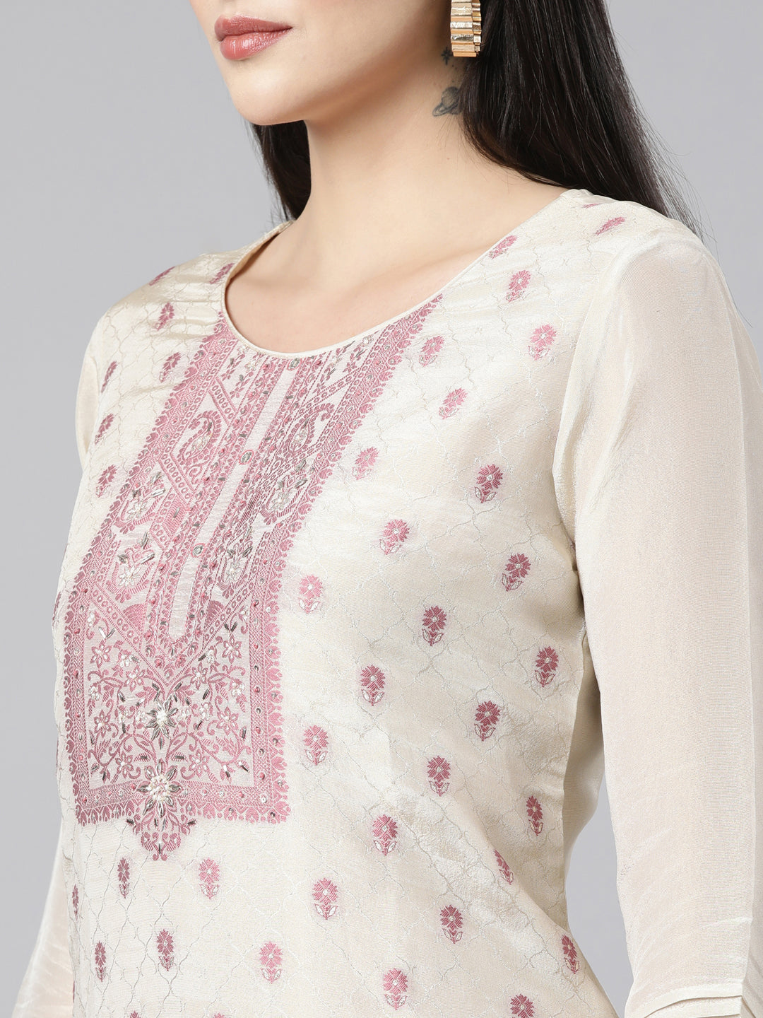 Neerus Cream Regular Straight Floral Kurta And Trousers With Dupatta