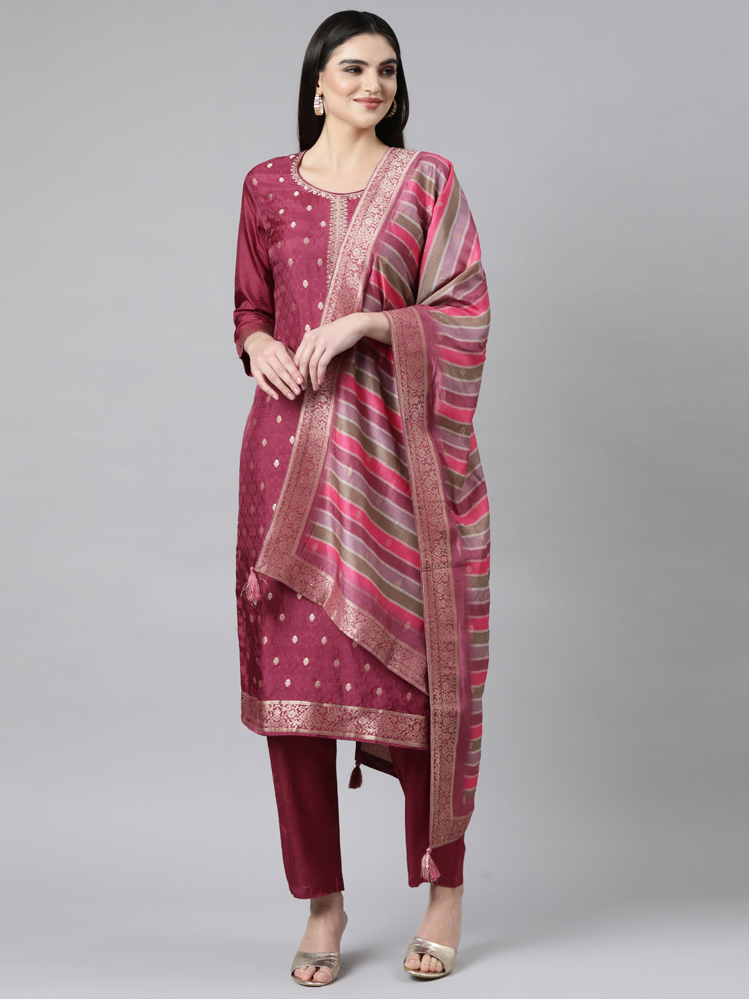 Neerus Purple Regular Straight Floral Kurta And Trousers With Dupatta