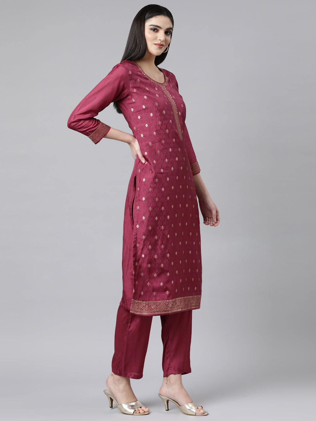 Neerus Purple Regular Straight Floral Kurta And Trousers With Dupatta