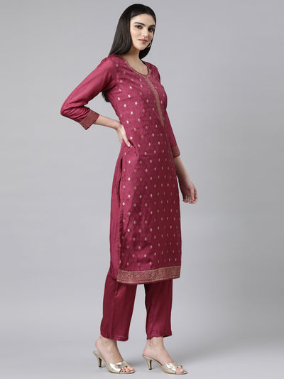 Neerus Purple Regular Straight Floral Kurta And Trousers With Dupatta