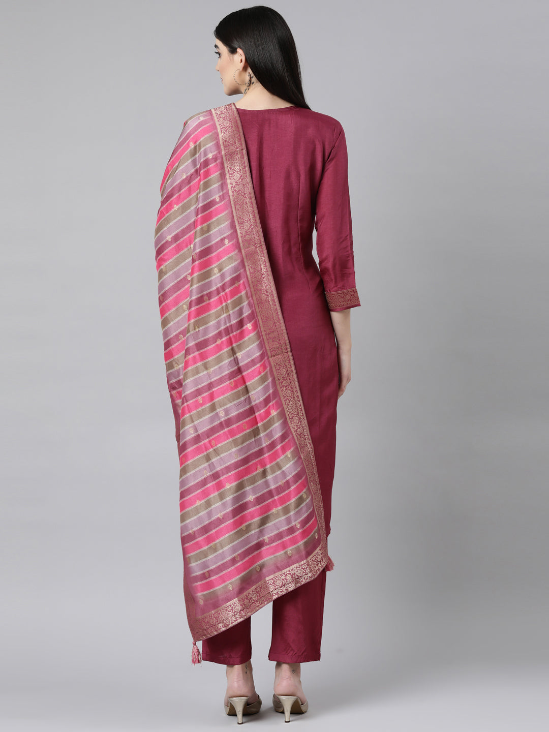 Neerus Purple Regular Straight Floral Kurta And Trousers With Dupatta