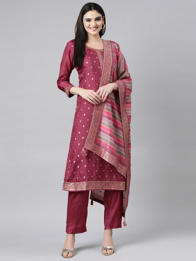 Neerus Purple Regular Straight Floral Kurta And Trousers With Dupatta