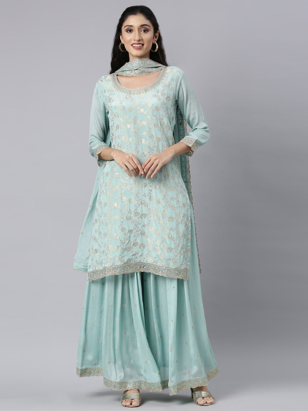 Neerus Turquoise Blue Panelled Straight Kurta and Palazzos With Dupatta