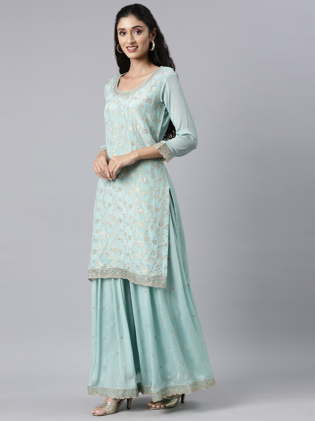 Neerus Turquoise Blue Panelled Straight Kurta and Palazzos With Dupatta