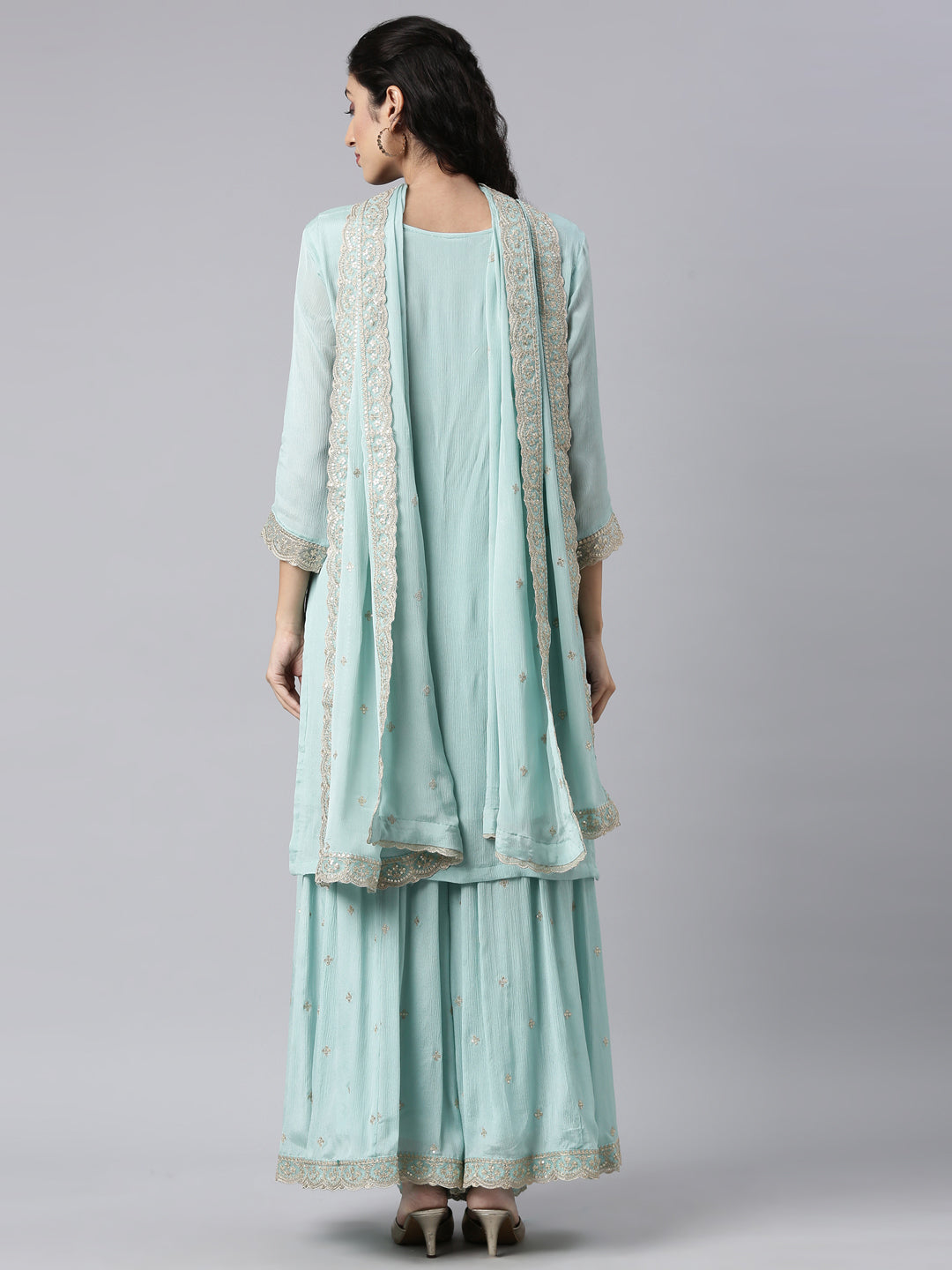 Neerus Turquoise Blue Panelled Straight Kurta and Palazzos With Dupatta