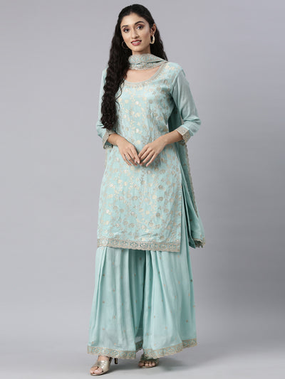 Neerus Turquoise Blue Panelled Straight Kurta and Palazzos With Dupatta