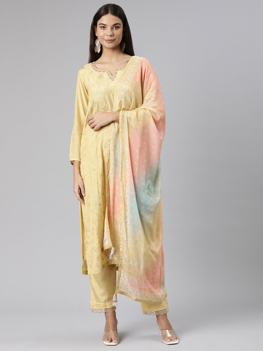 Neeru's Yellow Regular Straight Floral Kurta And Trousers With Dupatta