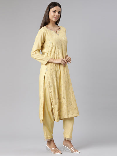 Neeru's Yellow Regular Straight Floral Kurta And Trousers With Dupatta