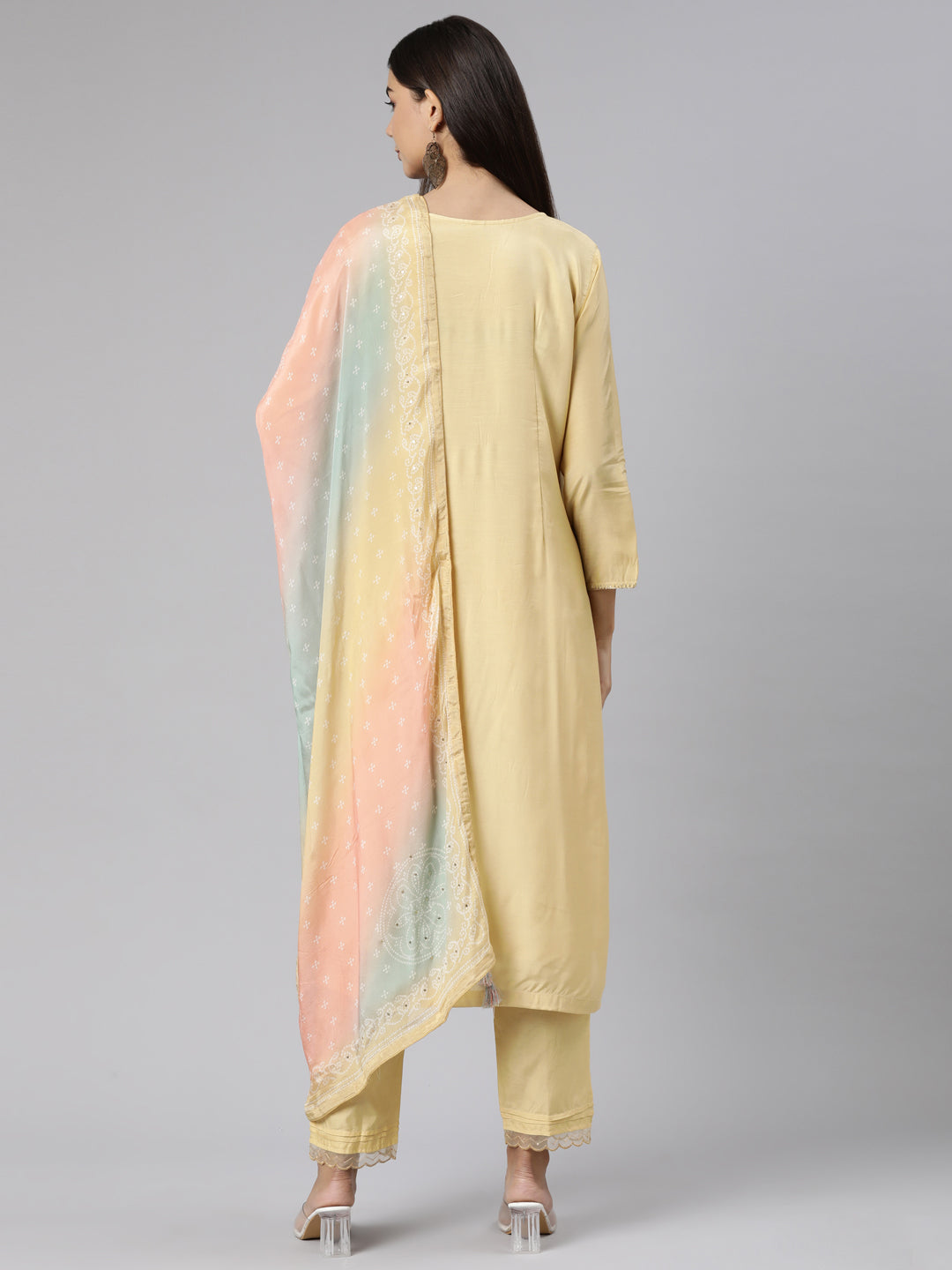 Neeru's Yellow Regular Straight Floral Kurta And Trousers With Dupatta