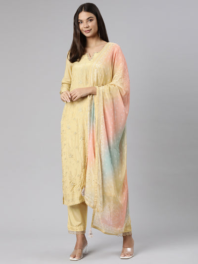 Neeru's Yellow Regular Straight Floral Kurta And Trousers With Dupatta