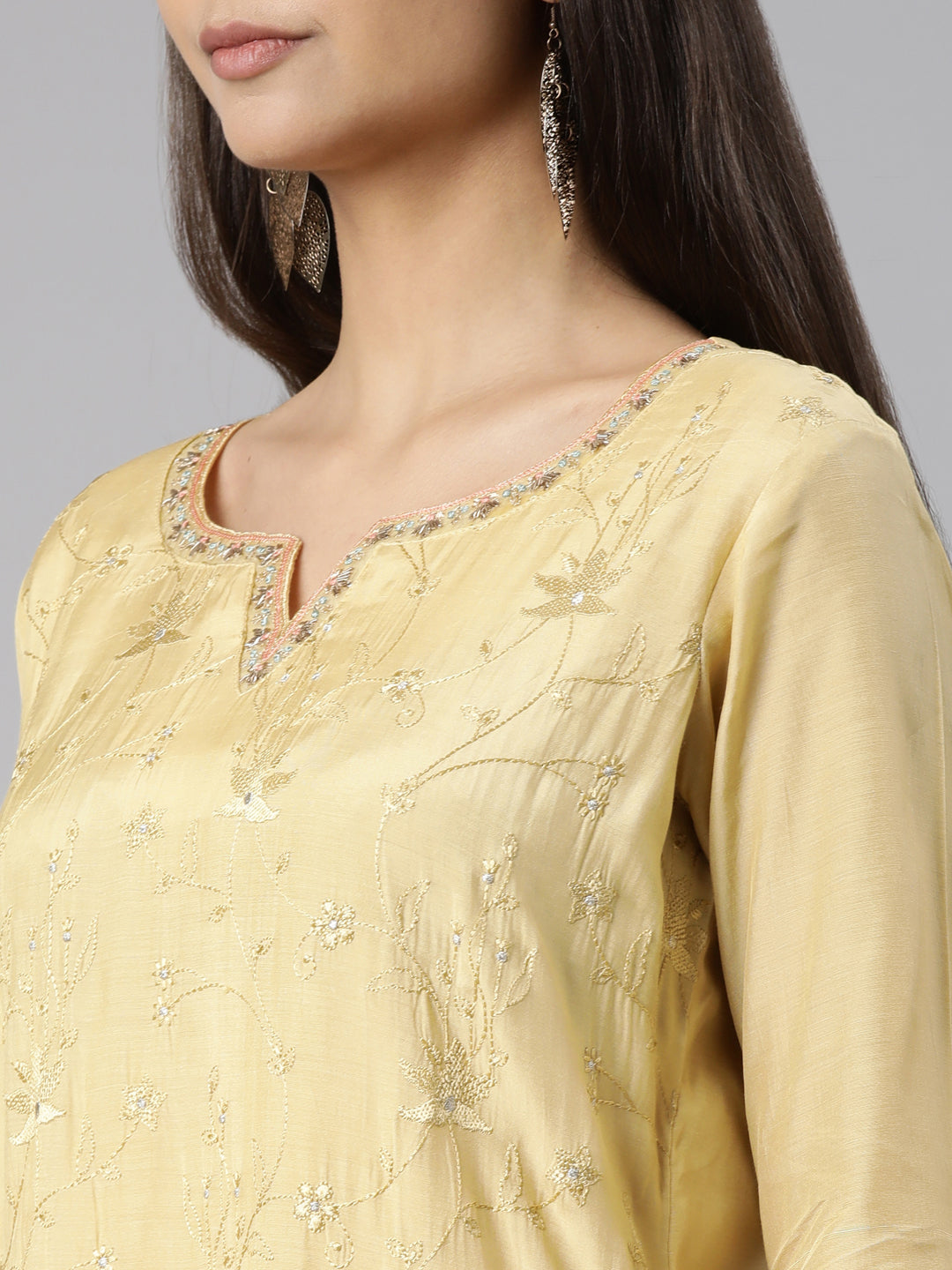 Neeru's Yellow Regular Straight Floral Kurta And Trousers With Dupatta