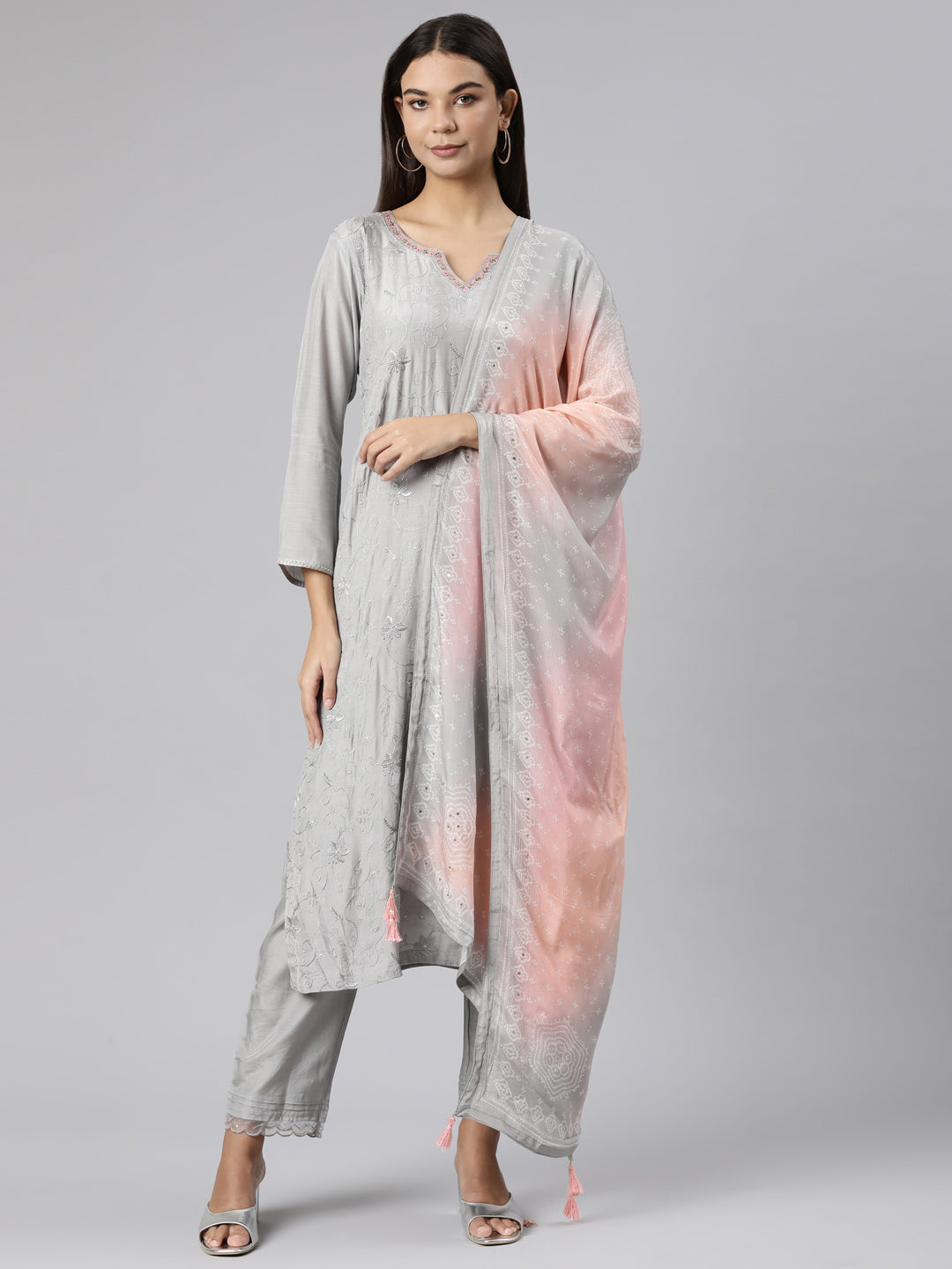 Neeru's Grey Regular Straight Floral Kurta And Trousers With Dupatta