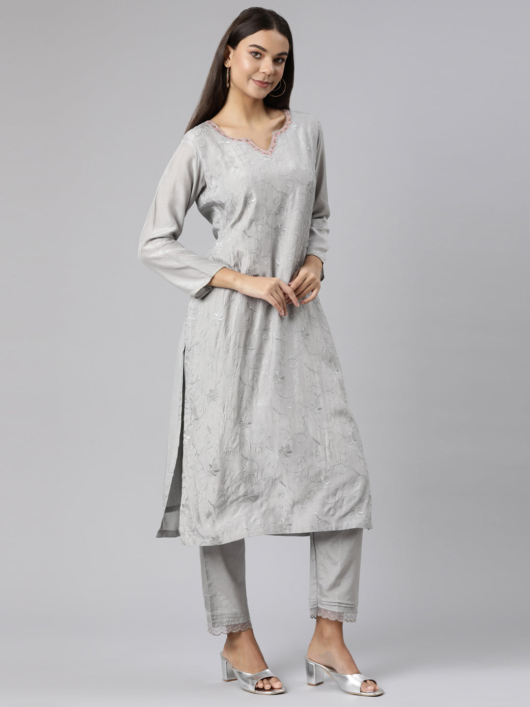 Neeru's Grey Regular Straight Floral Kurta And Trousers With Dupatta