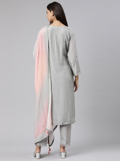 Neeru's Grey Regular Straight Floral Kurta And Trousers With Dupatta