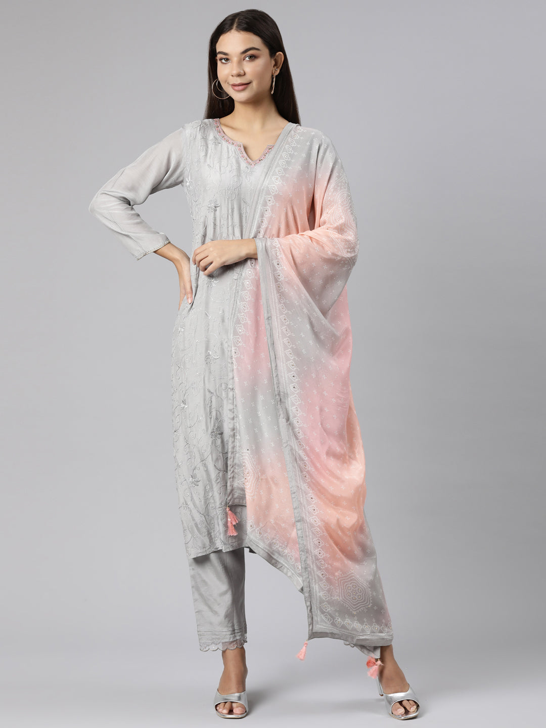 Neeru's Grey Regular Straight Floral Kurta And Trousers With Dupatta