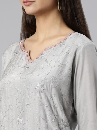 Neeru's Grey Regular Straight Floral Kurta And Trousers With Dupatta