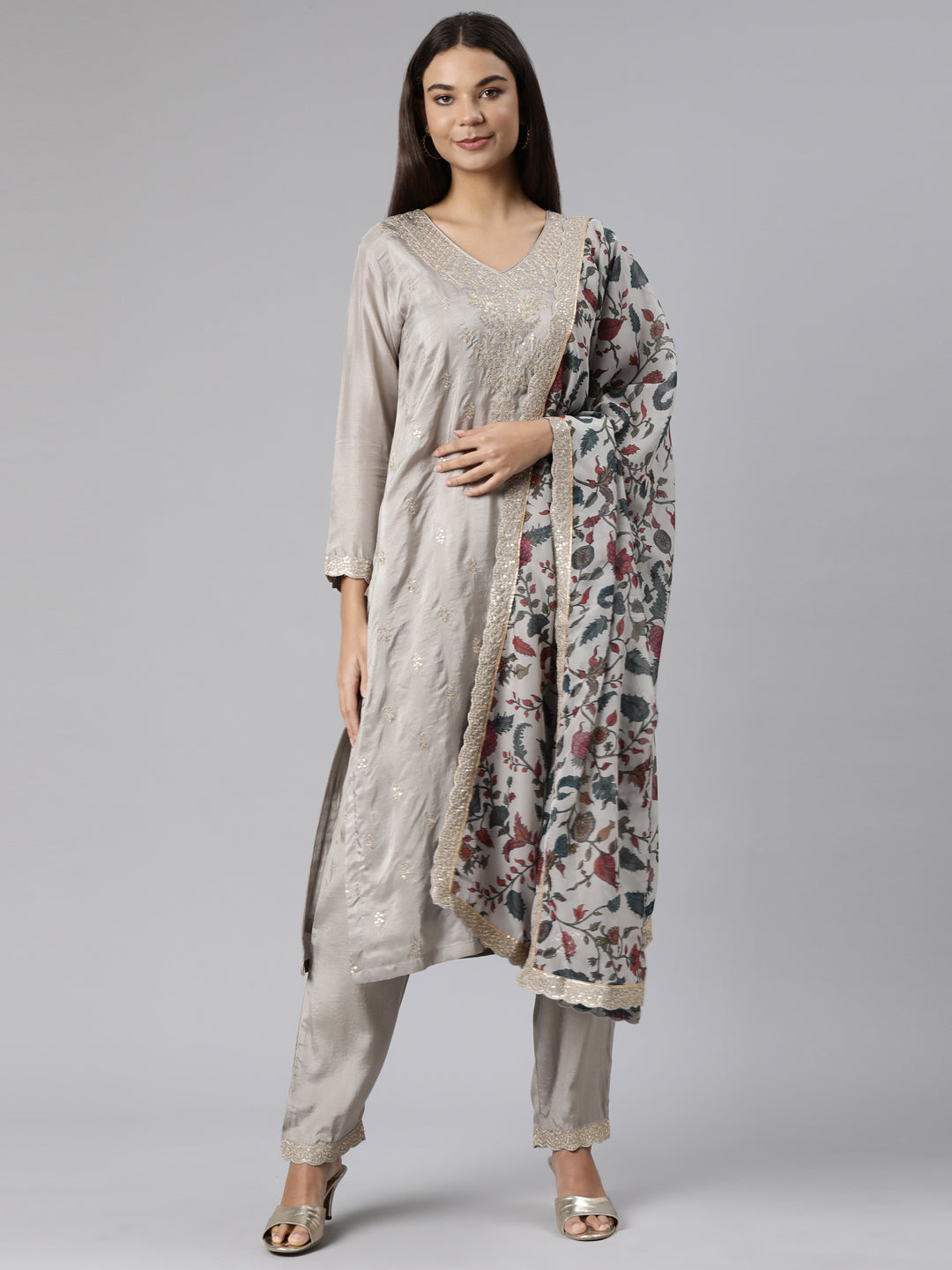 Neeru's Grey Regular Straight Floral Kurta And Trousers With Dupatta