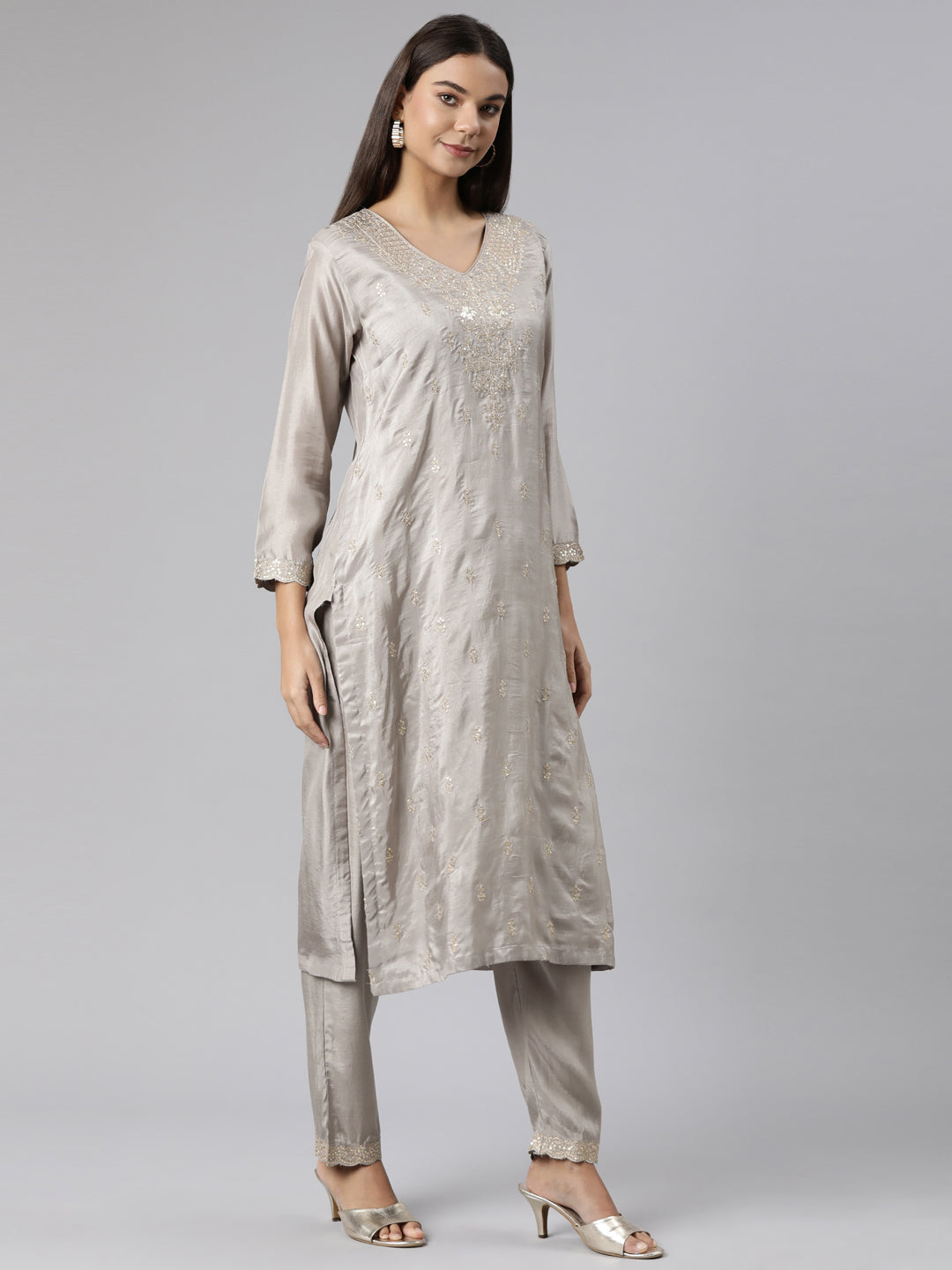 Neeru's Grey Regular Straight Floral Kurta And Trousers With Dupatta