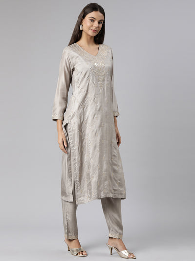 Neeru's Grey Regular Straight Floral Kurta And Trousers With Dupatta