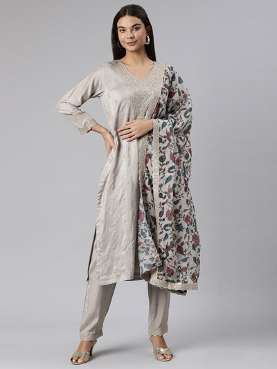 Neeru's Grey Regular Straight Floral Kurta And Trousers With Dupatta