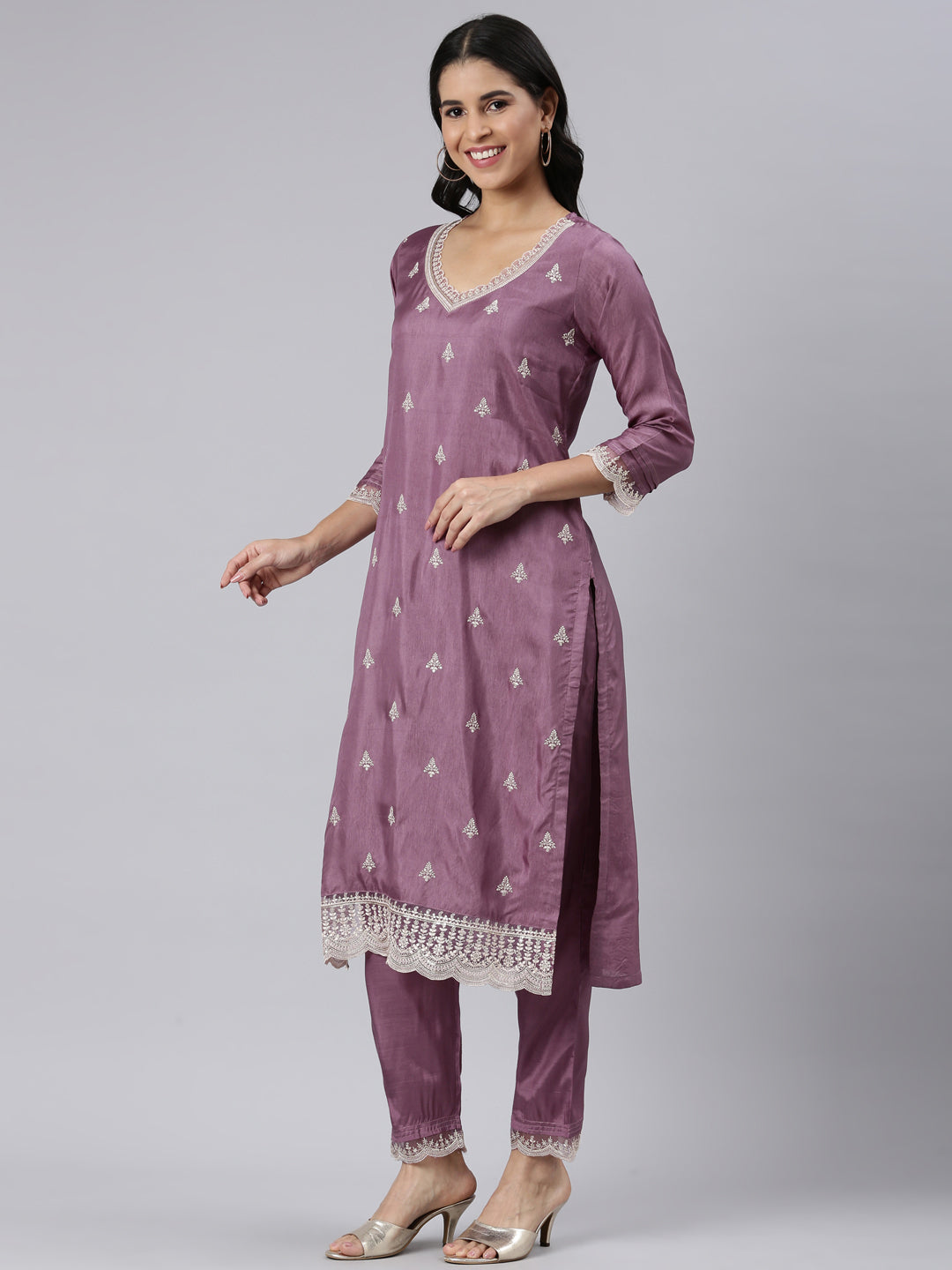 Neerus Purple Regular Straight Embroidered Kurta and Trousers With Dupatta