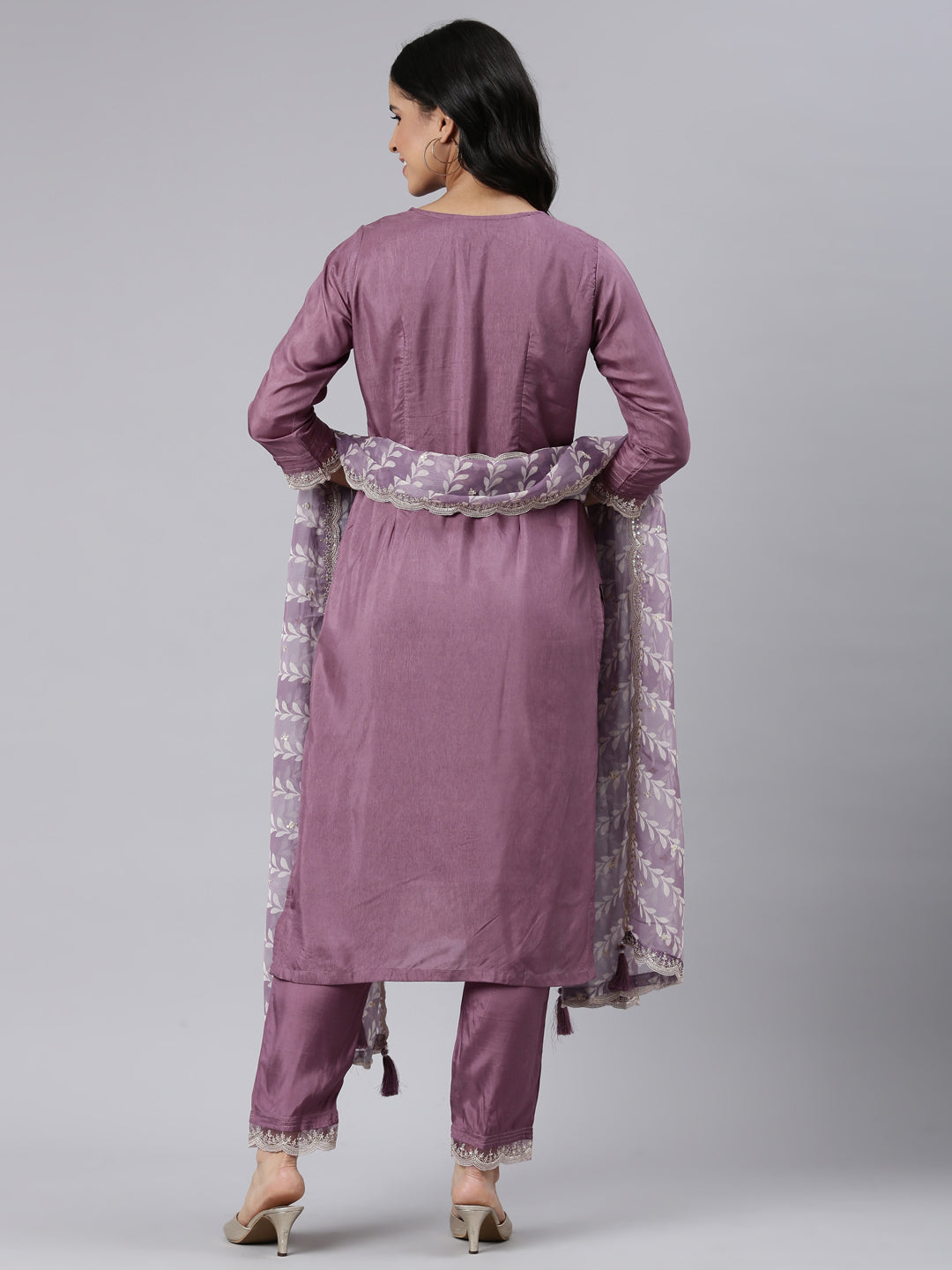 Neerus Purple Regular Straight Embroidered Kurta and Trousers With Dupatta